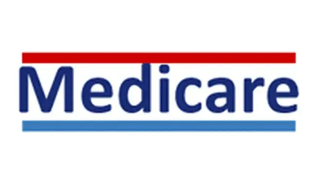 Medicare logo with blue text on a white background, featuring a red line above and a blue line below the word.