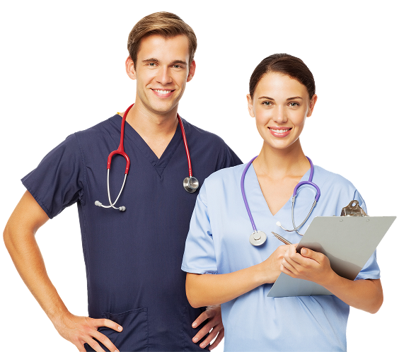 GettyImages-491519839 1 A man and woman in scrubs are standing together.